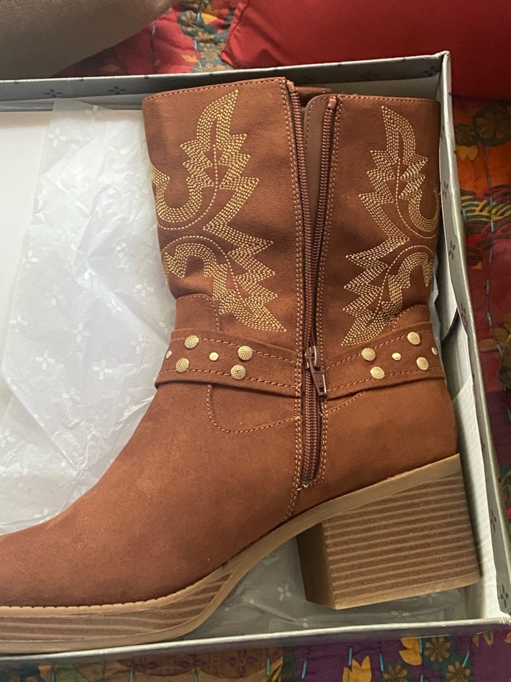 Women's Tan Western Heeled Mid-Calf Boot with Gold Stud Detail